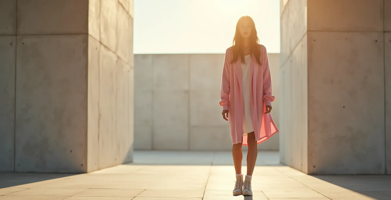 Femme en gilet rose dans un cadre urbain minimaliste