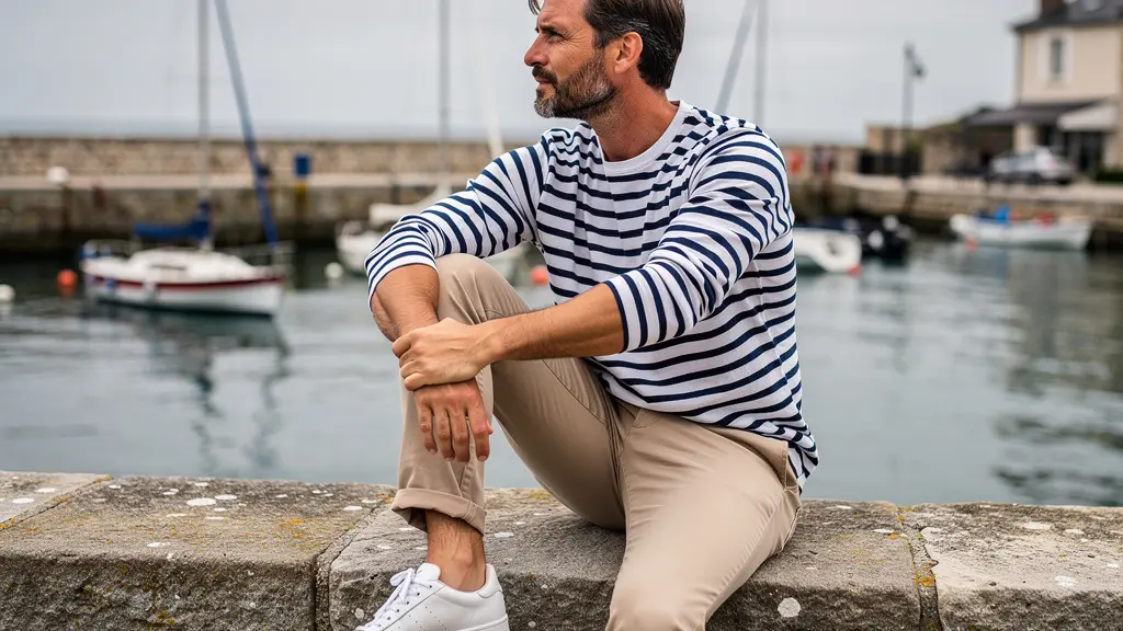Homme en marinière associée à un chino beige assis en bord de mer français